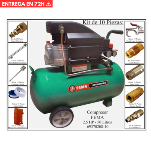 Compresor 2.5HP x50L 220v c/Ruedas FEMA + Kit 10pz