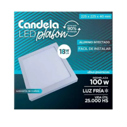 Plafón LED c/Base Cuadrado 18w Luz Fría 225mm CANDELA