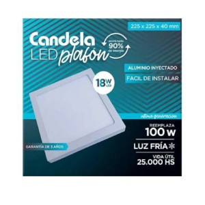 Plafón LED c/Base Cuadrado 18w Luz Fría 225mm CANDELA