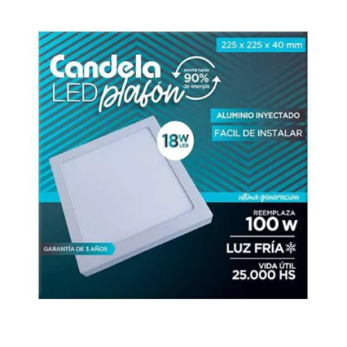 Plafón LED c/Base Cuadrado 18w Luz Fría 225mm CANDELA